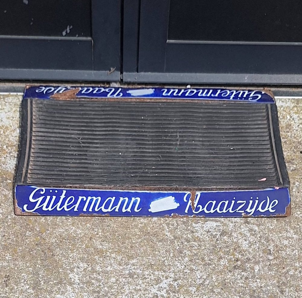 Zeldzame antieke Gütermann deurmat met emaille reclame., Ophalen of Verzenden, Gebruikt, Gebruiksvoorwerp