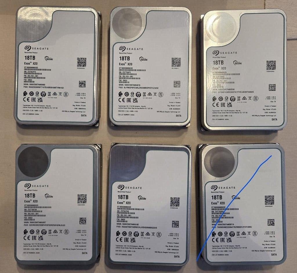 5x 18 TB Seagate Exos X20 harde schijven, Computers en Software, Harde schijven, Gebruikt, Ophalen of Verzenden, Seagate, SATA