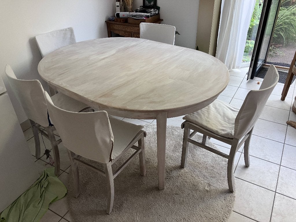 uitschuifbare tafel en 6 stoelen, Huis en Inrichting, Ophalen, Gebruikt, 100 tot 150 cm, Vijf personen of meer