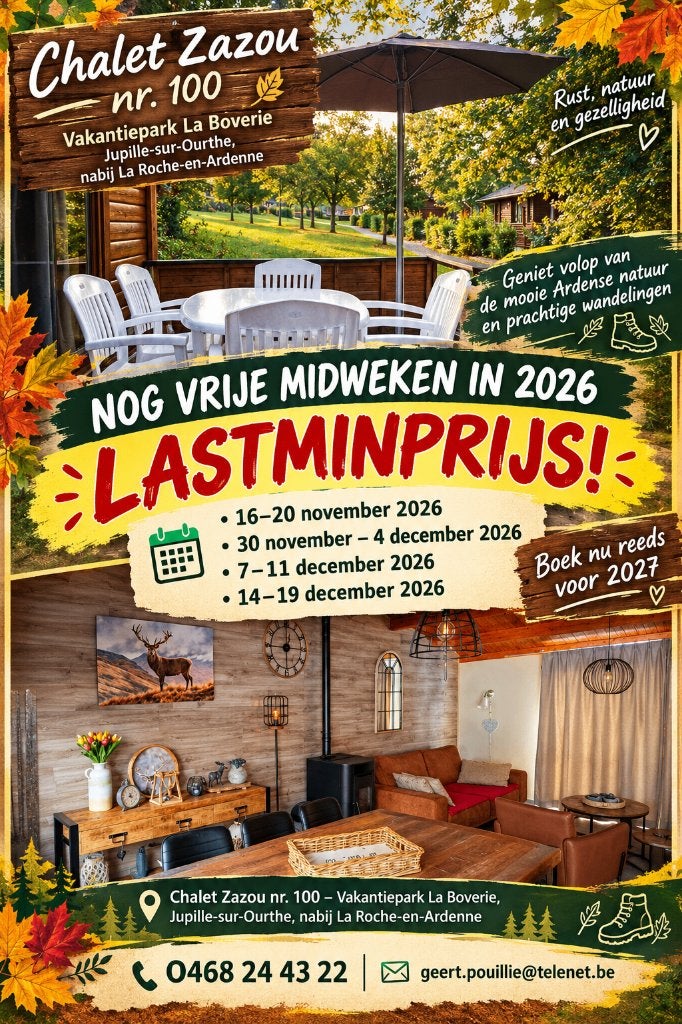 Knus chalet hartje Ardennen .NOG VRIJE MIDWEKEN LASTMINPRIJS, Immo, Overige soorten, Jupille sur ourthe, Direct bij eigenaar, 2 kamers