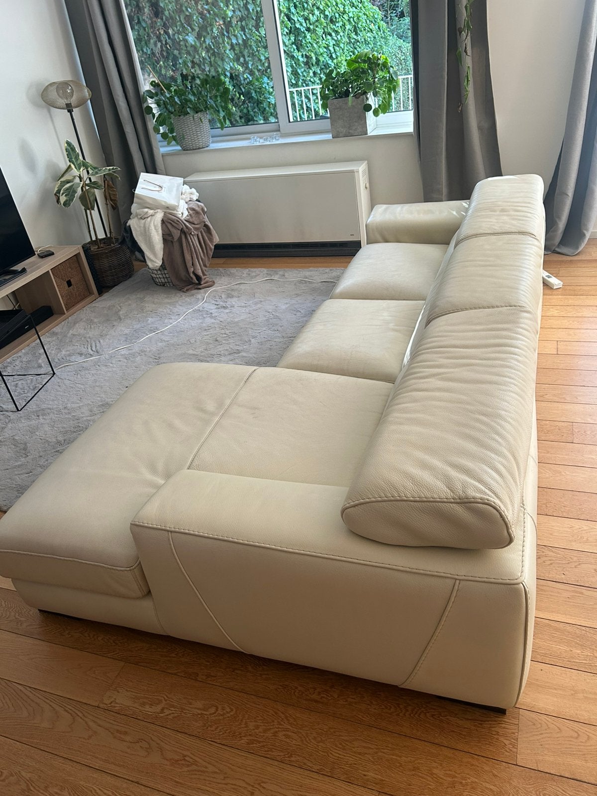 Canape d’angle en L cuir blanc cassé - tres bonne etat, Enlèvement, Utilisé, Cuir, 150 cm ou plus