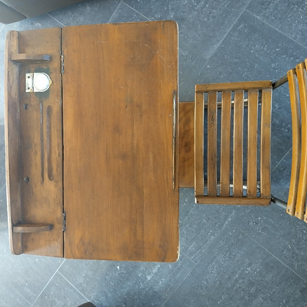 Ancien pupitre d’école belge années 50 – bois et métal, Brun, Enlèvement, Utilisé, Chaise de bureau