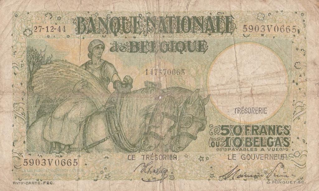 50 Frank/10 Belga 1944 – België, Ophalen of Verzenden, Los biljet