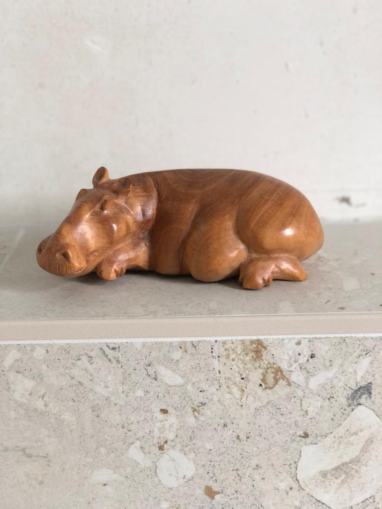 Handgesneden massief houten nijlpaard, Ophalen, Houtsnijwerk, Hout, Bruin