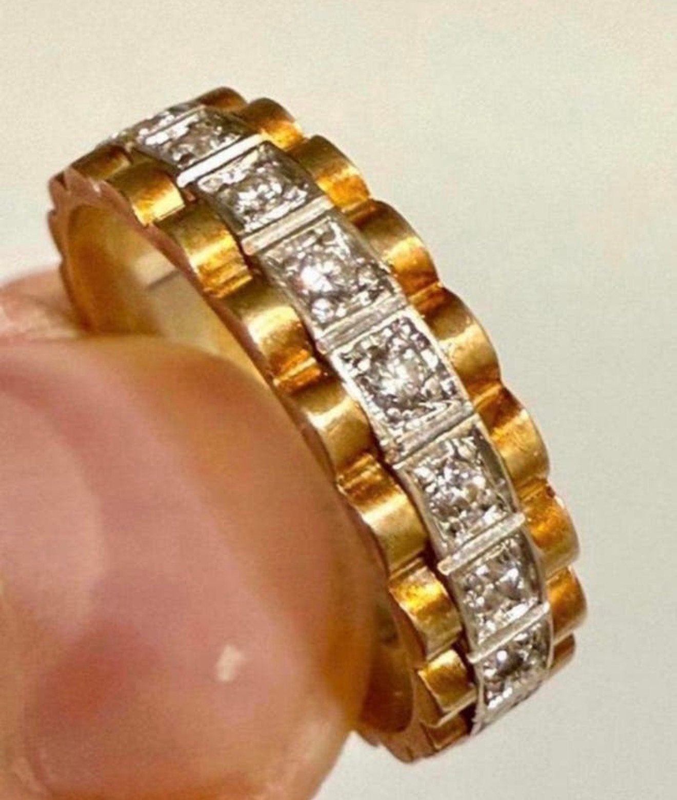 Rolex gouden schakel ring bicolor met 10 diamanten! 18.25mm, Bijoux, Sacs & Beauté, Bagues, Enlèvement ou Envoi, 18 à 19, Femme ou Homme