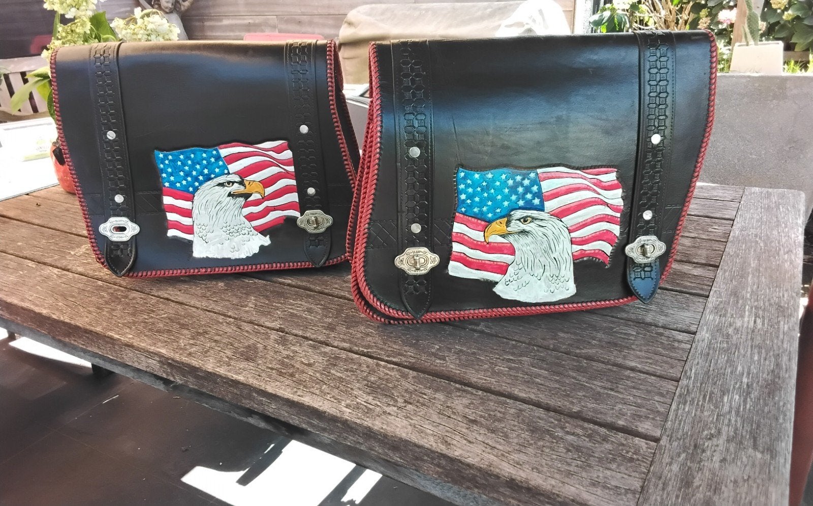 Custom Lederen Motor Zadeltassen – USA Eagle / Vlag, Motoren, Accessoires | Koffers en Tassen, Ophalen of Verzenden