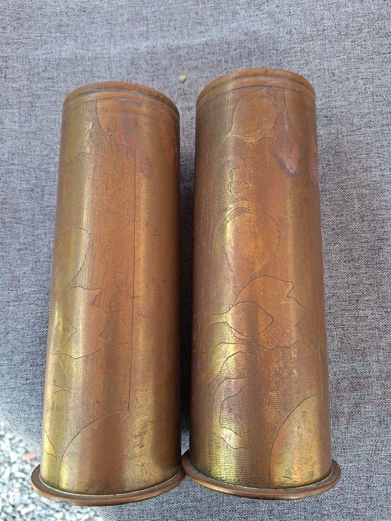 Paar Duitse stopcontacten van 77 mm 1909 WW1 Trench Art, Ophalen of Verzenden, Landmacht, Hulzen of Bodemvondsten