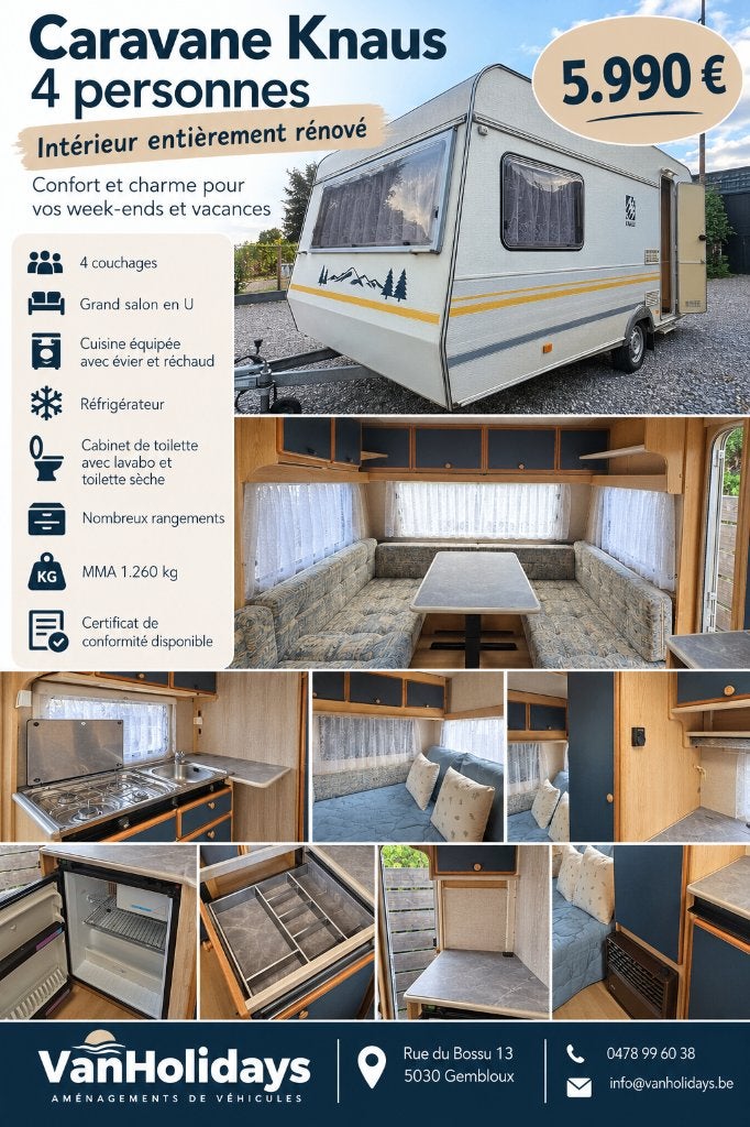 Caravane Knaus 4 places – Intérieur rénové, Jusqu'à 4, 750 - 1000 kg, Knaus, Réchaud à gaz