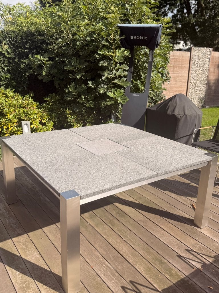 Prachtige granieten tafel 160  160 cm met inox onderstel, Ophalen, Gebruikt, Vierkant, Overige materialen