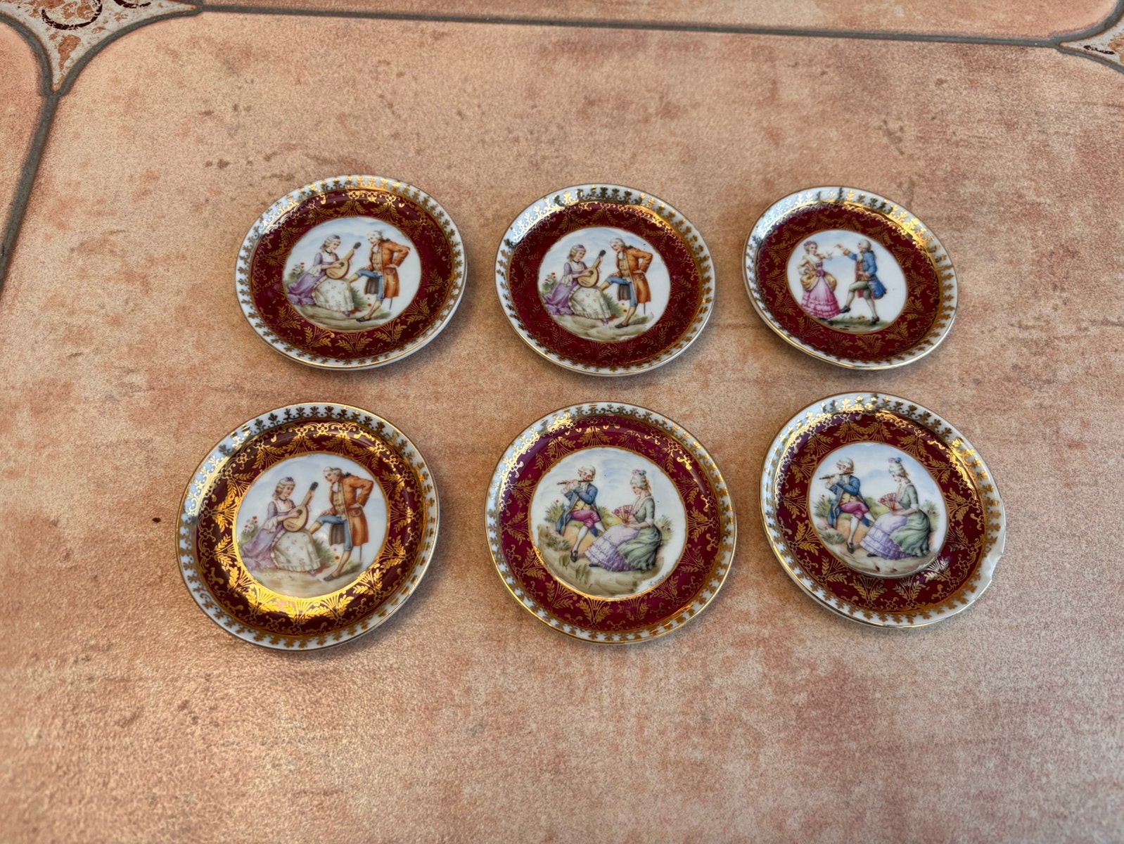 6 vintage porselein miniatuur bordjes - Oscar Schlegelmilch, Ophalen, Zo goed als nieuw