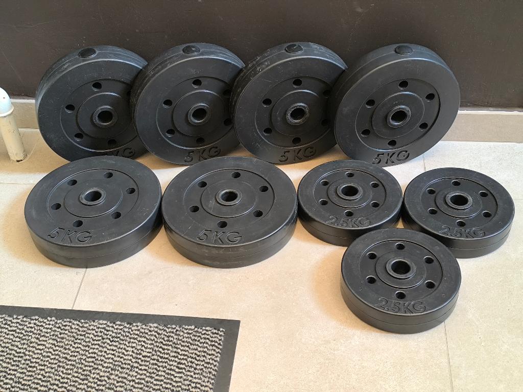 37,5kg gewichten + baar., Ophalen, Gebruikt, Benen, Halterschijven