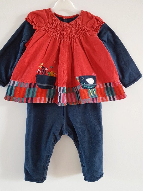 CATIMINI Combi-tunique orange, bleue, oiseaux T.12 mois/74cm, Enlèvement ou Envoi, Ensemble, CATIMINI, Utilisé