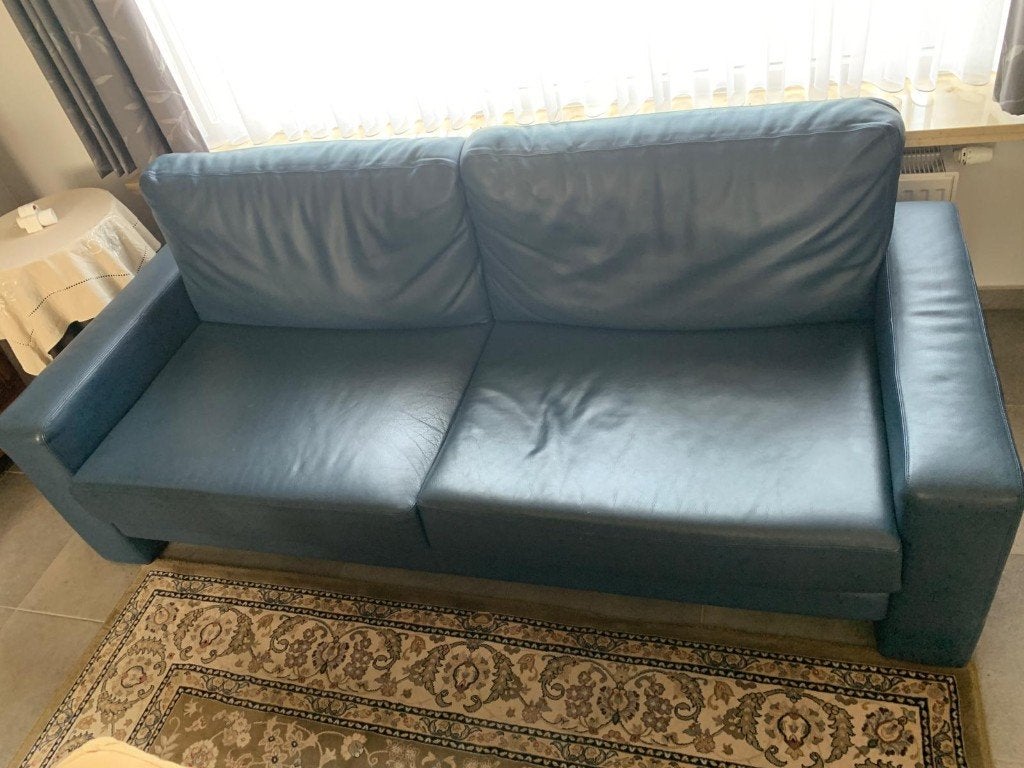 Blauwe lederen zetel, Ophalen, 150 tot 200 cm, Driepersoons, Leer