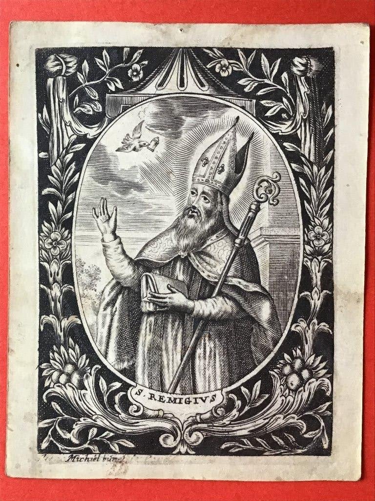 18e Perkament groot Sint Remigius sign Bunel, Ophalen of Verzenden, Gebruikt, Kaart of Prent, Christendom | Katholiek