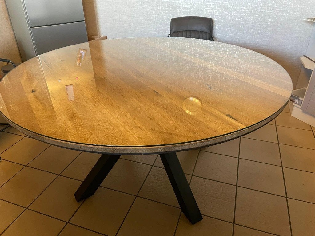 tafel mangohout met glazen blad  150 cm, Ophalen, Overige materialen, 100 tot 150 cm, Rond