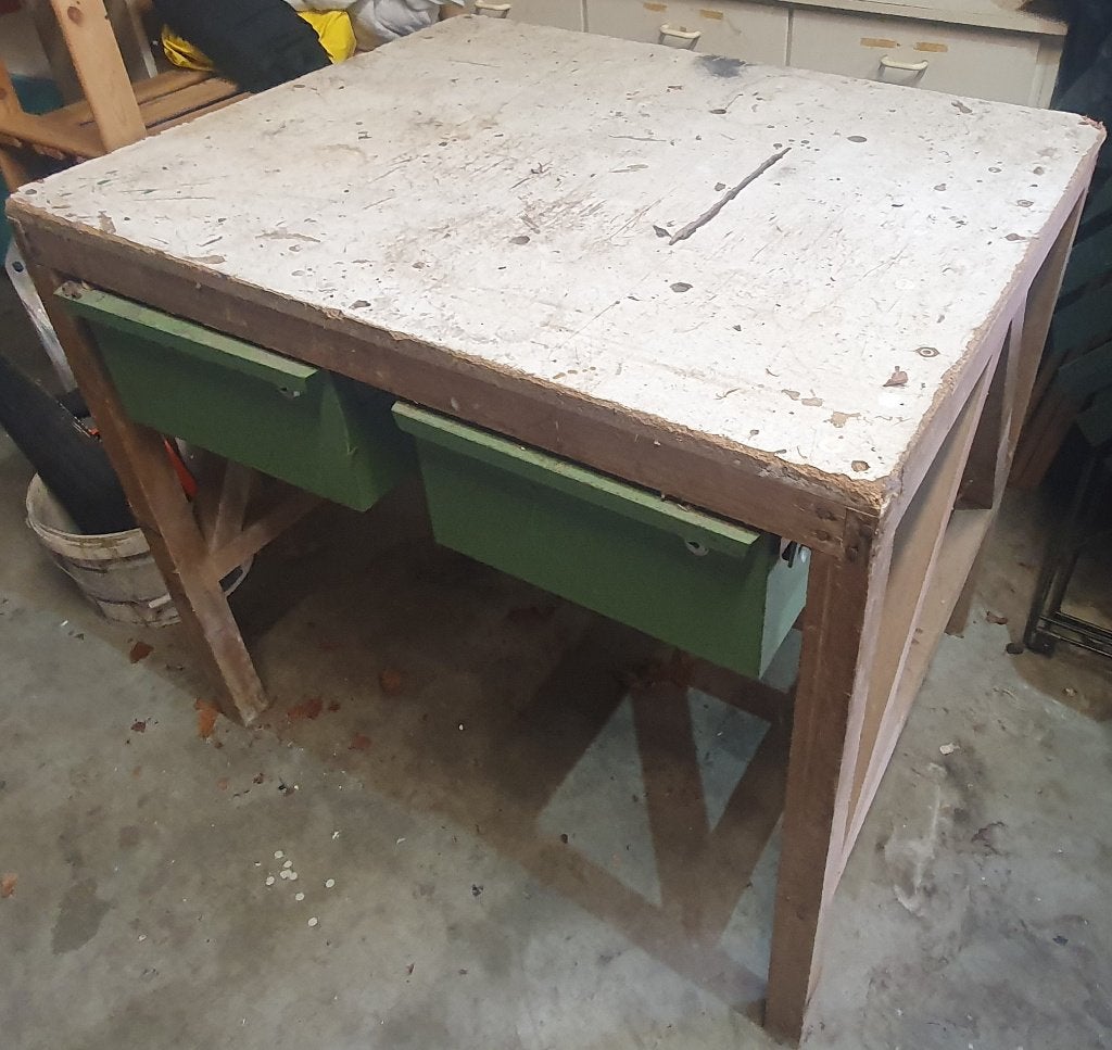 houten werkbank/ tafel met 2 metalen lades, Ophalen, Gebruikt, 70 tot 120 cm
