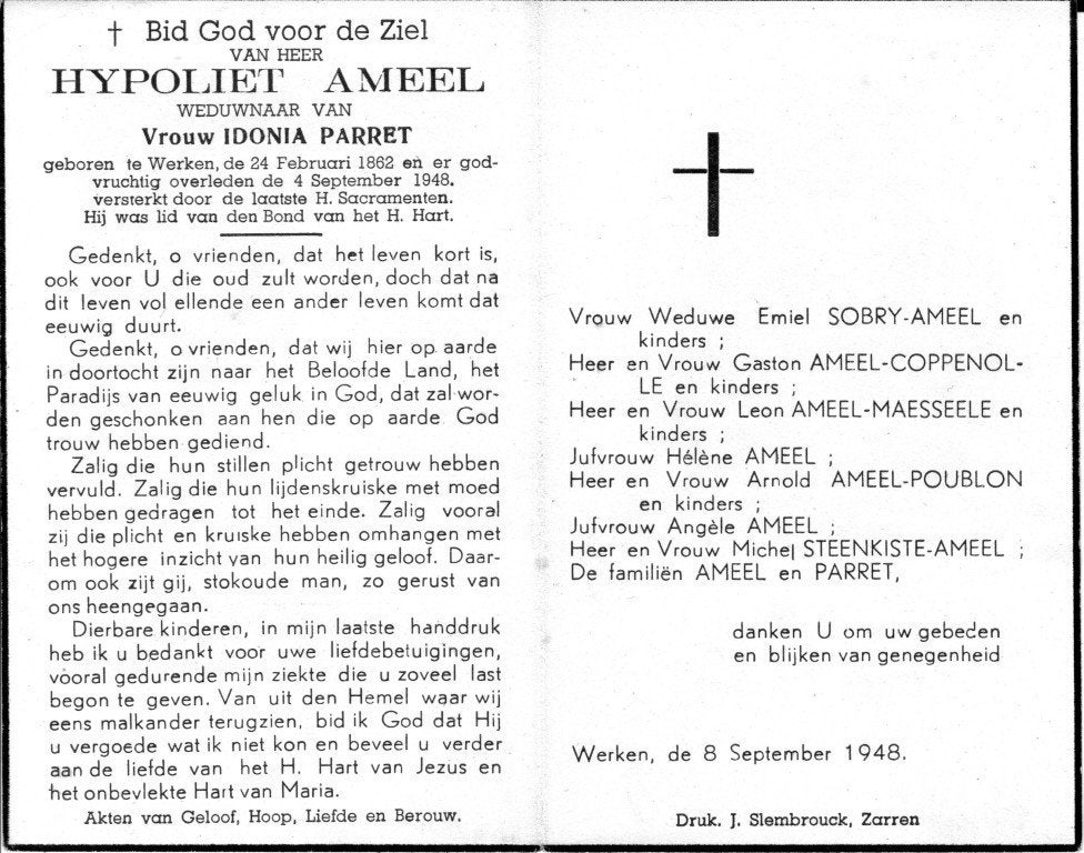 bidprentje Hypoliet Ameel, Ophalen, Bidprentje