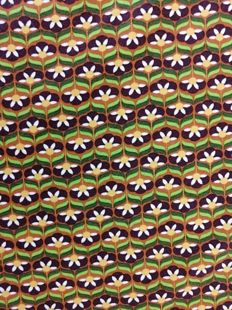 OUTLET : COUPON Jersey stof retro bloemen van Stenzo, Hobby en Vrije tijd, Meerkleurig, 120 cm of meer, Ophalen of Verzenden, Katoen