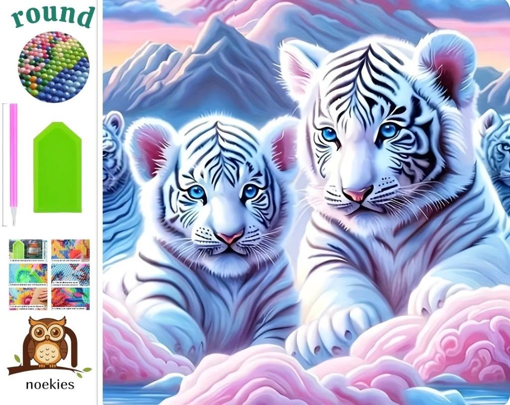 nr 582 Diamond Painting tijger welpjes roze 40x40cm (rond), Verzenden, Nieuw, Meerkleurig, Educatief