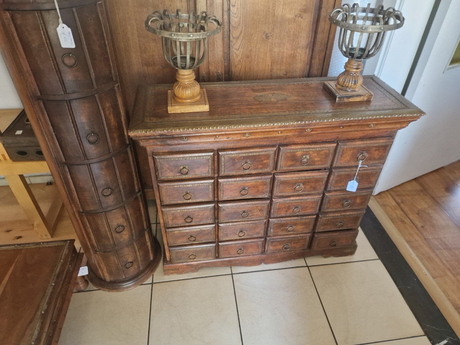2 metalen+hout potjes 20/18cm €35(2st samen), Antiek en Kunst, Ophalen