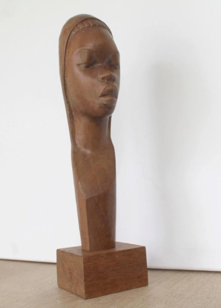 Afrikaanse knappe buste, hout, midcentury modernisme 37 cm H, Antiek en Kunst, Ophalen of Verzenden