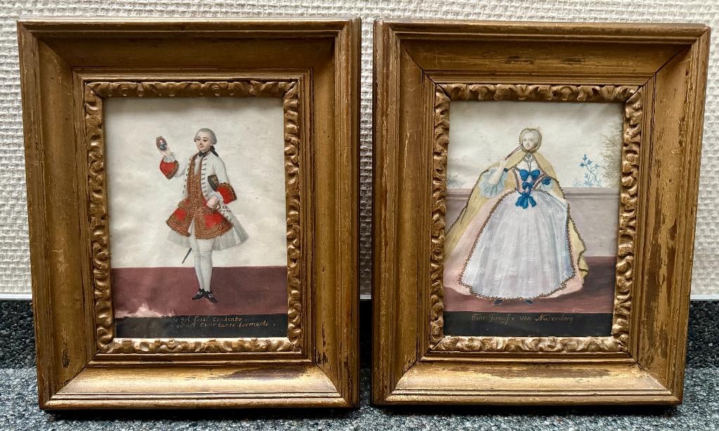 2 midden 19de eeuwse portretminiaturen in 18e-eeuwse mode, Antiek en Kunst, Ophalen of Verzenden