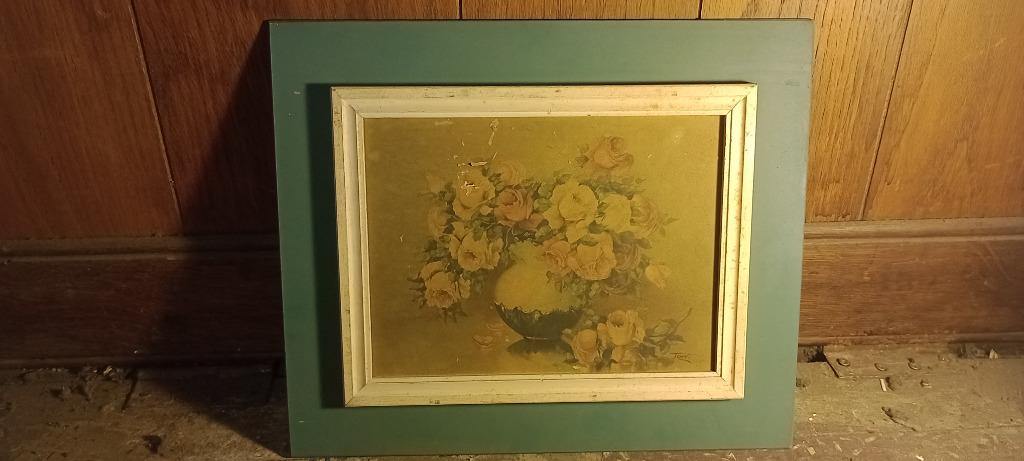 Tableau Vintage Nature Morte Roses signé Toré – 34x29, n226, Enlèvement ou Envoi, Gravure, Signé