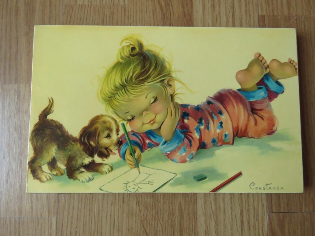 vintage cadre avec enfant et chien signé Constanza année 70, Minder dan 50 cm, Gebruikt, Ophalen of Verzenden, Minder dan 50 cm