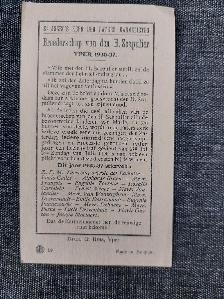 Gedachtenisprentje Ieper 1936-1937, Verzenden