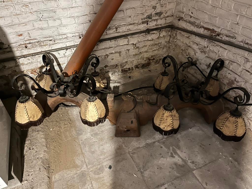 Lustre en fer forgé – Style rustique / chalet – 8 abat-jour, Ophalen, Gebruikt