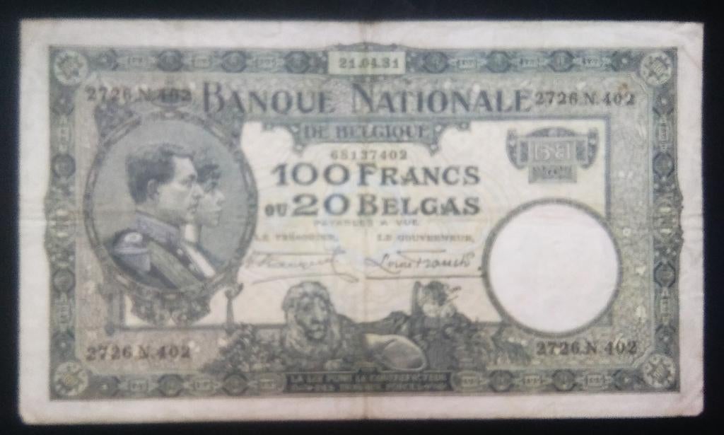 belgie 100 frank/20 belgas nationale reeks blauw  21-04-1931, Postzegels en Munten, Bankbiljetten | België, Ophalen of Verzenden
