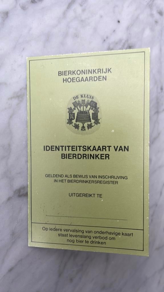 Identiteitskaart van bierdrinker Hoegaarden De Kluis, Ophalen of Verzenden