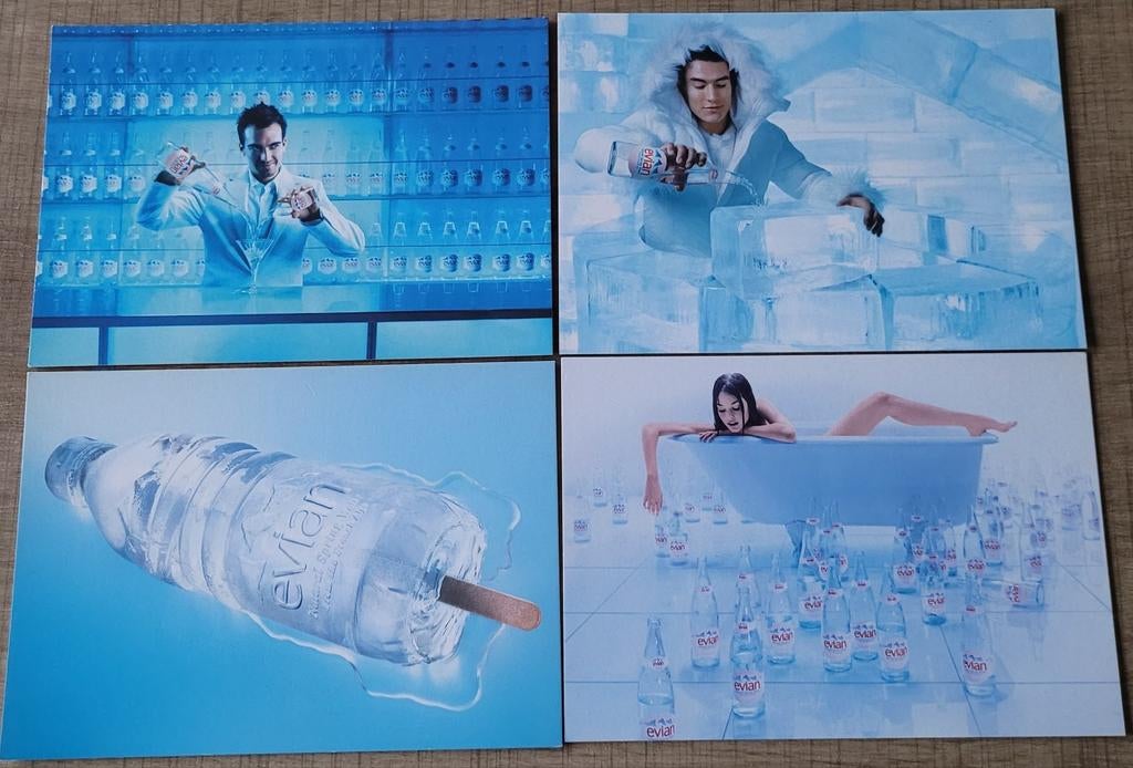 4 Reclamekaarten/ postkaarten: Evian, Ophalen of Verzenden, Zo goed als nieuw, Overige typen