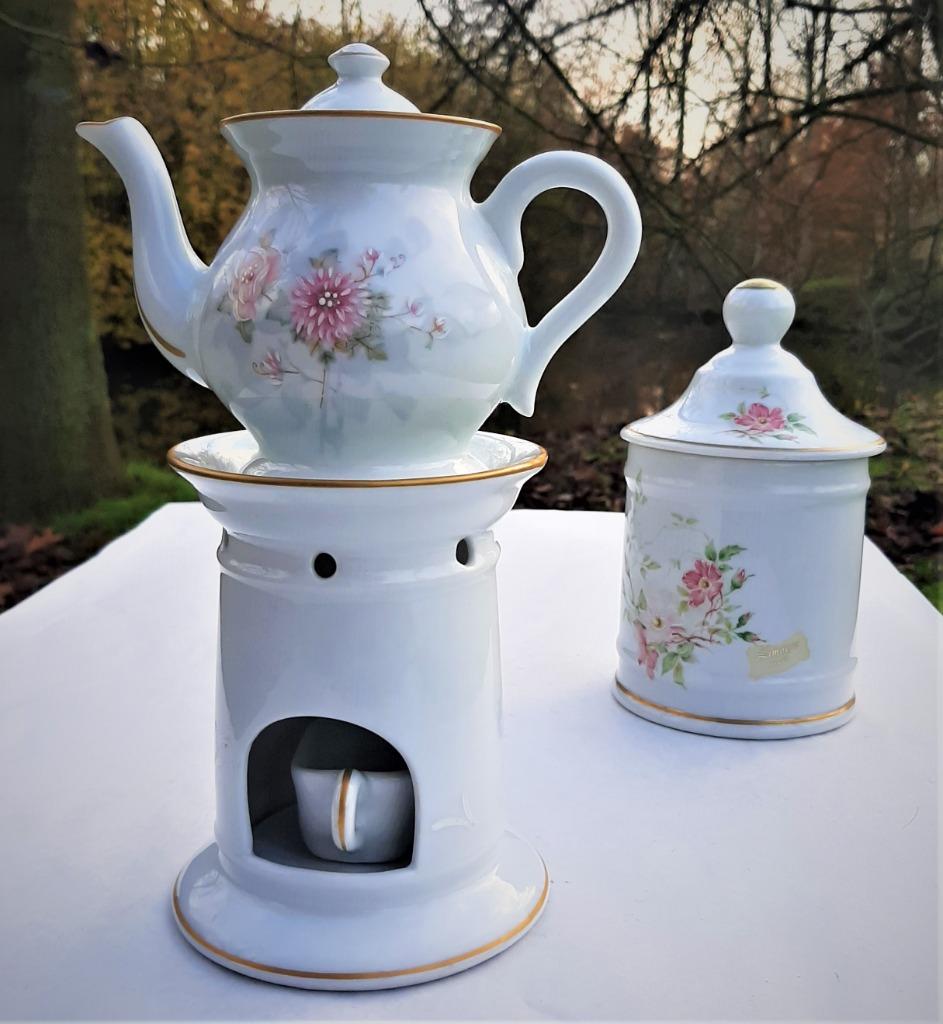 Limoges porseleinen (kruiden) theepot set met warmhouder, Huis en Inrichting, Keuken | Servies, Zo goed als nieuw, Overige typen