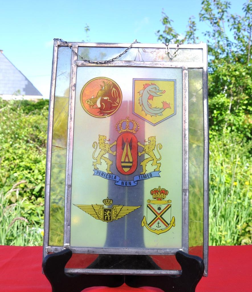 vitrail avec 5 insignes de bases militaire belge, Ophalen of Verzenden, Overige soorten, Embleem of Badge