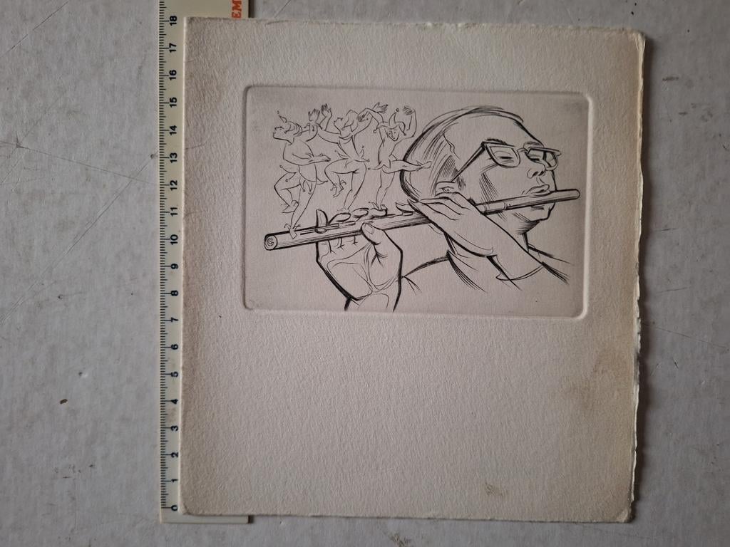 Burijngravure Gerard Gaudaen Dwarsfluitspeler, Antiek en Kunst, Ophalen of Verzenden, Ets, Ingelijst