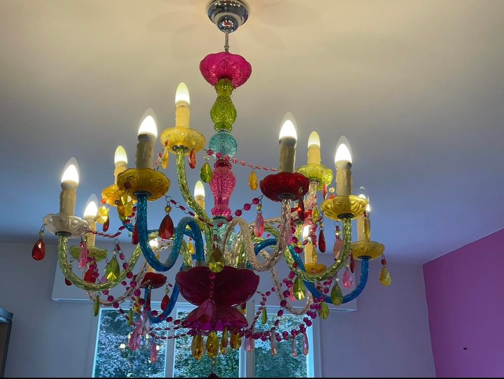 Kleurrijke kroonluchter / design hanglamp, Huis en Inrichting, Lampen | Kroonluchters, Ophalen, Gebruikt, Glas, ....