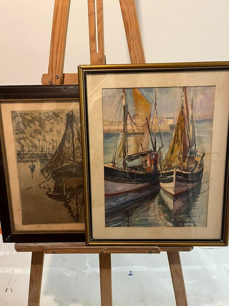 Aquarelle et gravure A Schyrgens, expédition à Ostende, Enlèvement ou Envoi