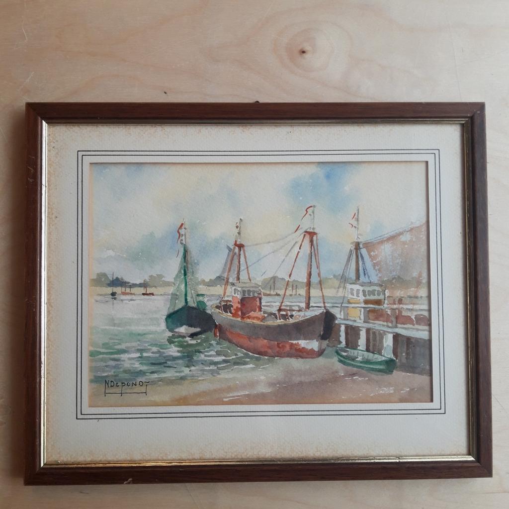 Nand De Pondt aquarel vissersboten haven, Ophalen of Verzenden