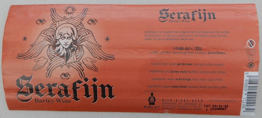Étiquette de bière Serafijn Barley Wine Brewery Pirlot (8x4), Envoi, Utilisé