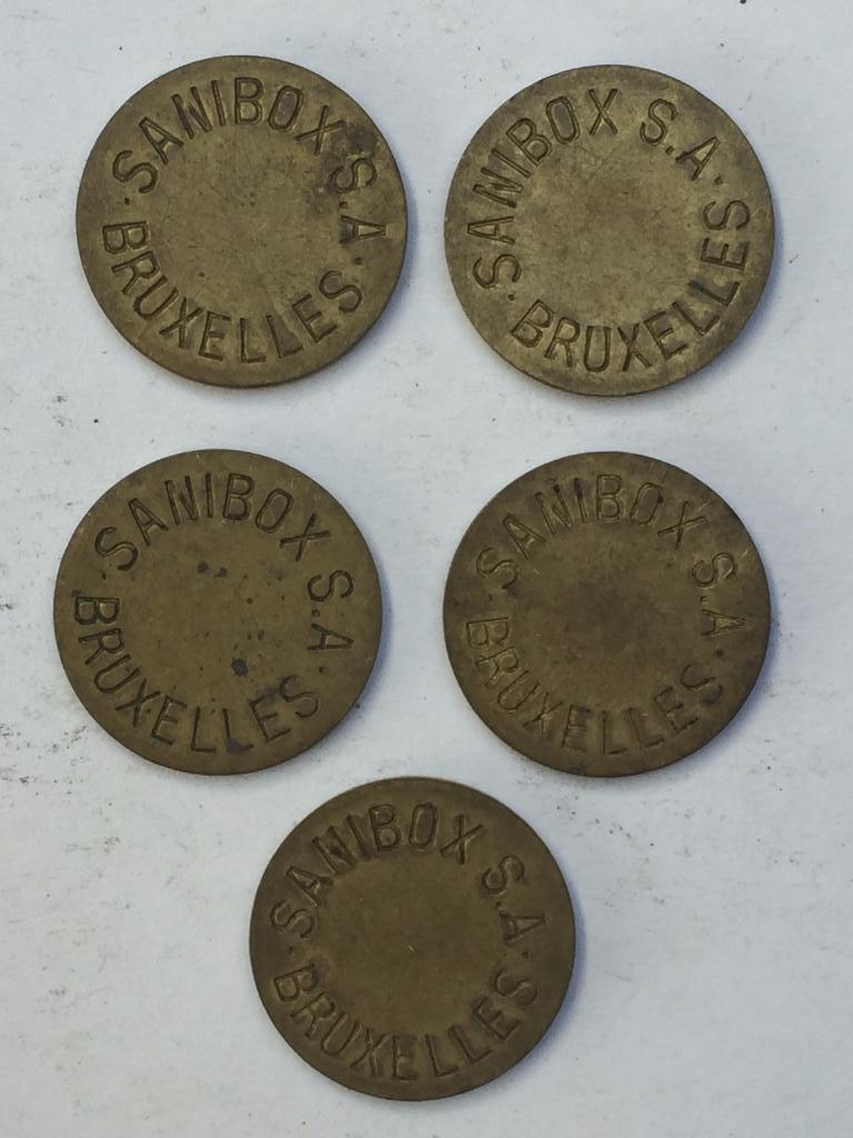 Jetons, penningen Sanibox, Bruxelles, 21 mm, 5 st, Ophalen of Verzenden, Overige materialen