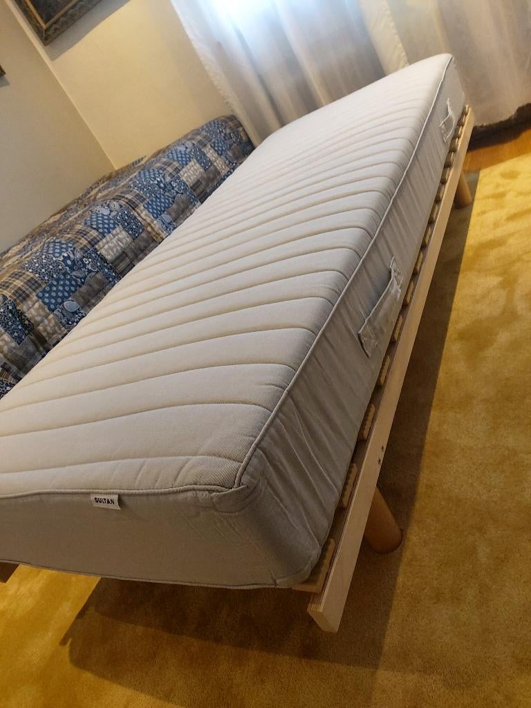 Lit d'appoint 200 x 80 (sommier + matelas), Beige, 200 cm, Bois, Une personne