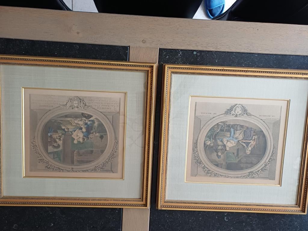 2 ingekleurde etsen van Nicolas Delauney prachtig gekaderd, Huis en Inrichting, Ophalen of Verzenden, Zo goed als nieuw