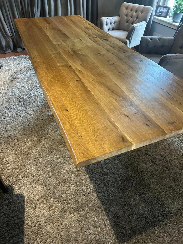 Massief eiken tafel met stalen spidervoet, Ophalen, 100 tot 150 cm, 200 cm of meer, Zo goed als nieuw