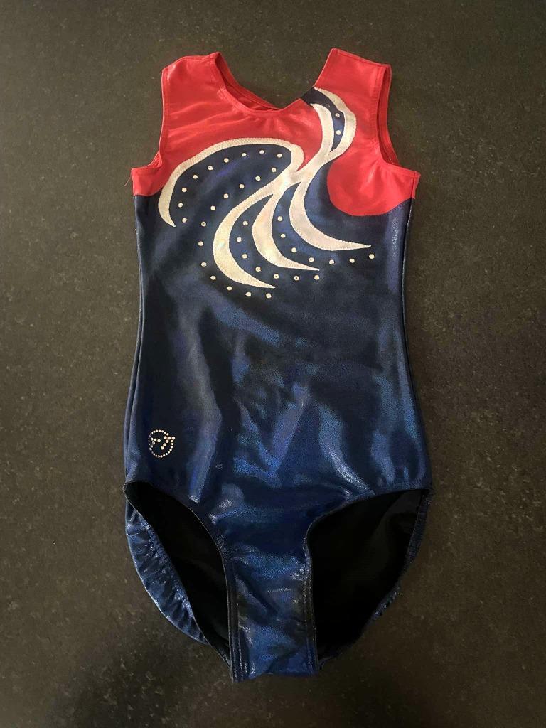 Blauw rood turnpak - TT Gymnastics - maat 152, Blauw, Ophalen of Verzenden, Zo goed als nieuw, Turnpak(je)