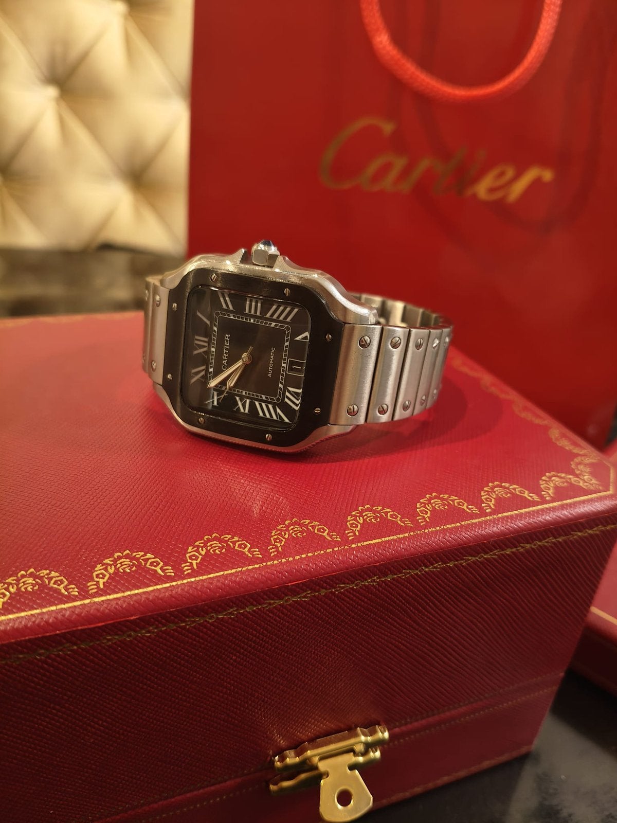 Montre automatique Cartier Santos 100 m pour homme, Enlèvement ou Envoi, Neuf, Acier, Acier