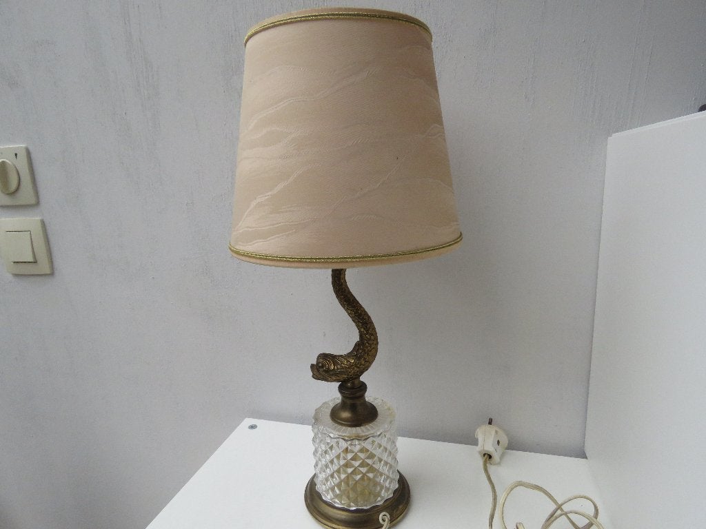 Lampe de table vintage en verre en laiton carpe, Enlèvement ou Envoi