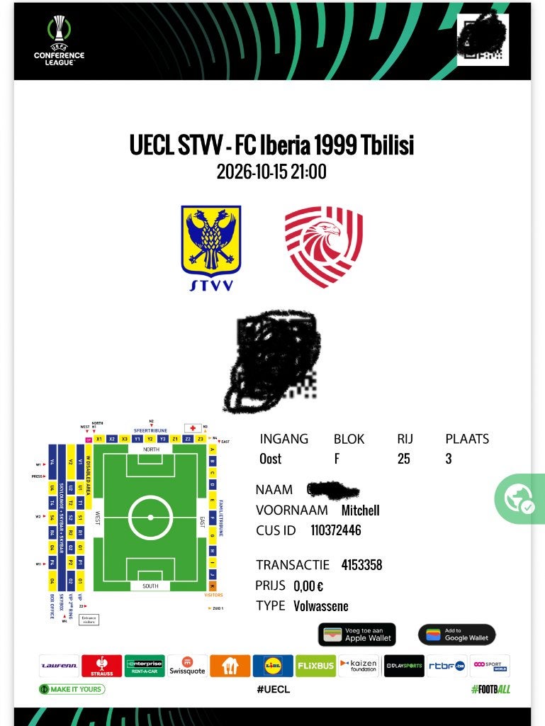 2x UECL STVV - FC Iberia 1999 Tbilissi [2026-10-15 21h00], Tickets & Billets, Cartes en vrac, Deux personnes, Octobre