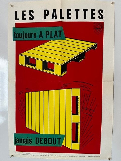 Franse industriële veiligheidsaffiche,  omvallende paletten, Ophalen