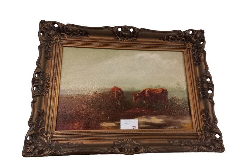 Peinture « vaches au pâturage »., Antiquités & Art, Peinture à l'huile, Panneau, Signé, Enlèvement